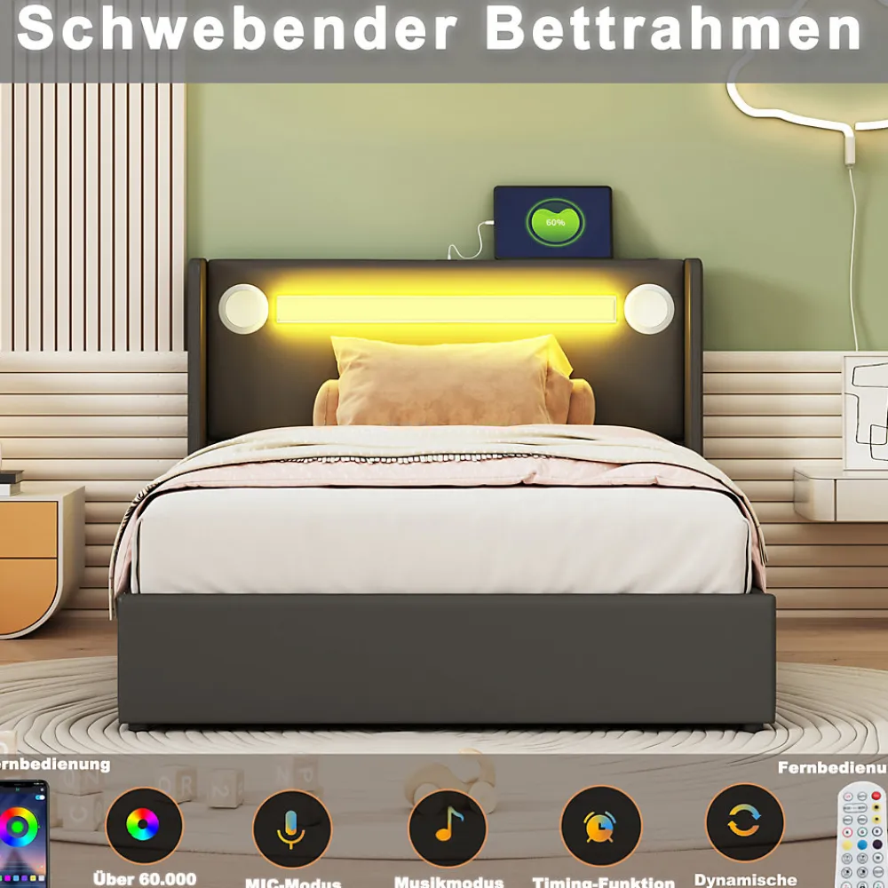 Lit Enfant Rembourré 90x200cm Avec Bande Lumineuse LED Et Chargement USB, Sommier à Lattes, Noir>Fortuna lai Best