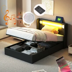 Lit Enfant Rembourré 90x200cm Avec Bande Lumineuse LED Et Chargement USB, Sommier à Lattes, Noir><noscript><img width=