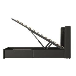 Lit Enfant Rembourré 90x200cm Avec Bande Lumineuse LED Et Chargement USB, Sommier à Lattes, Noir><noscript><img width=