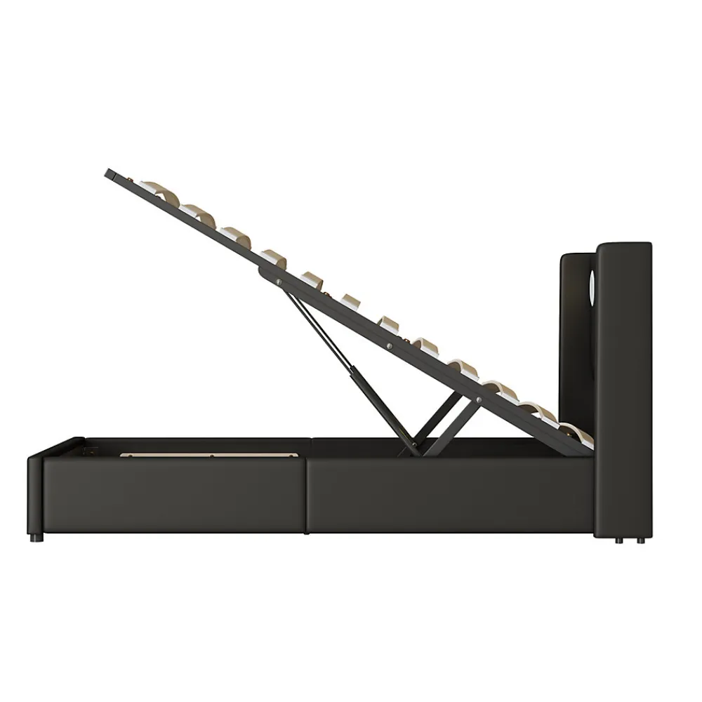 Lit Enfant Rembourré 90x200cm Avec Bande Lumineuse LED Et Chargement USB, Sommier à Lattes, Noir>Fortuna lai Best