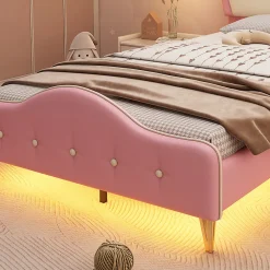 Lit enfant rembourré 90x200cm rose et blanc, LED intégrée, tête de lit avec couronne et vagues décoratives><noscript><img width=