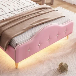 Lit enfant rembourré 90x200cm rose et blanc, LED intégrée, tête de lit avec couronne et vagues décoratives><noscript><img width=
