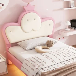 Lit enfant rembourré 90x200cm rose et blanc, LED intégrée, tête de lit avec couronne et vagues décoratives><noscript><img width=