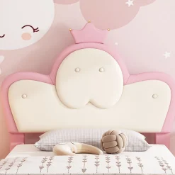 Lit enfant rembourré 90x200cm rose et blanc, LED intégrée, tête de lit avec couronne et vagues décoratives><noscript><img width=