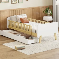 Lit enfant Simple 90x190 cm Bois Blanc avec 2 Tiroirs et Sommier À Lattes, Multifonction pour Chambre Fille Ou Garçon, Blanc>Okwish Hot