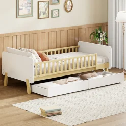 Lit enfant Simple 90x190 cm Bois Blanc avec 2 Tiroirs et Sommier À Lattes, Multifonction pour Chambre Fille Ou Garçon, Blanc><noscript><img width=