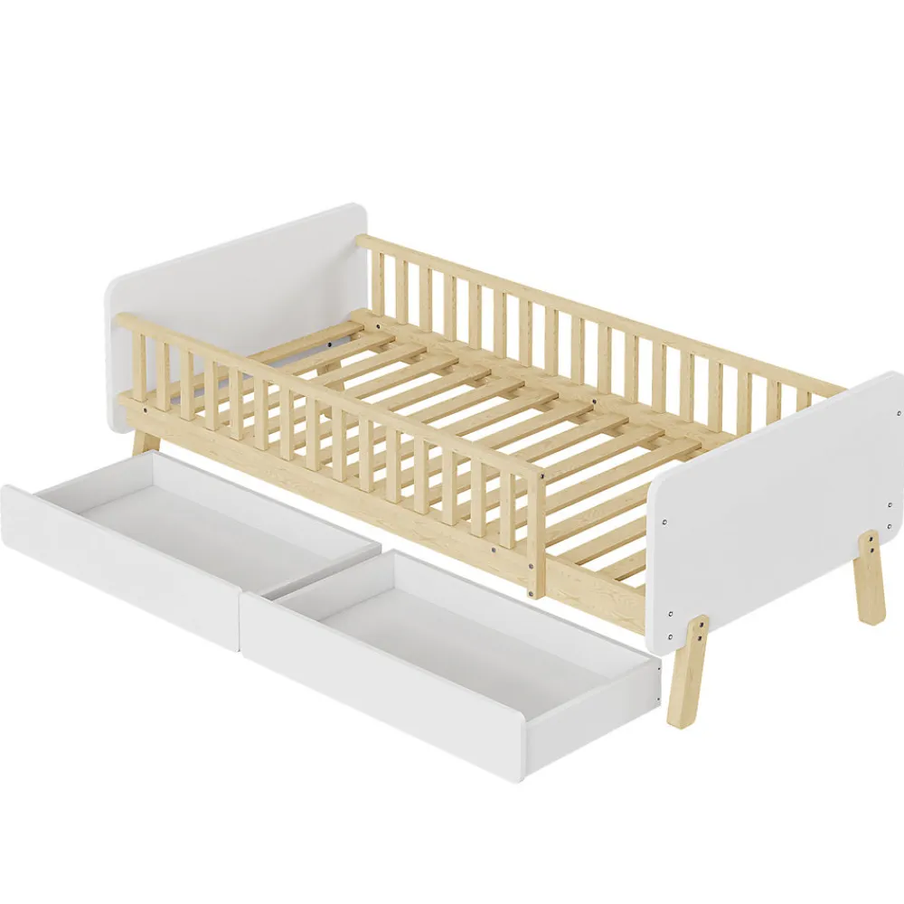 Lit enfant Simple 90x190 cm Bois Blanc avec 2 Tiroirs et Sommier À Lattes, Multifonction pour Chambre Fille Ou Garçon, Blanc>Okwish Hot