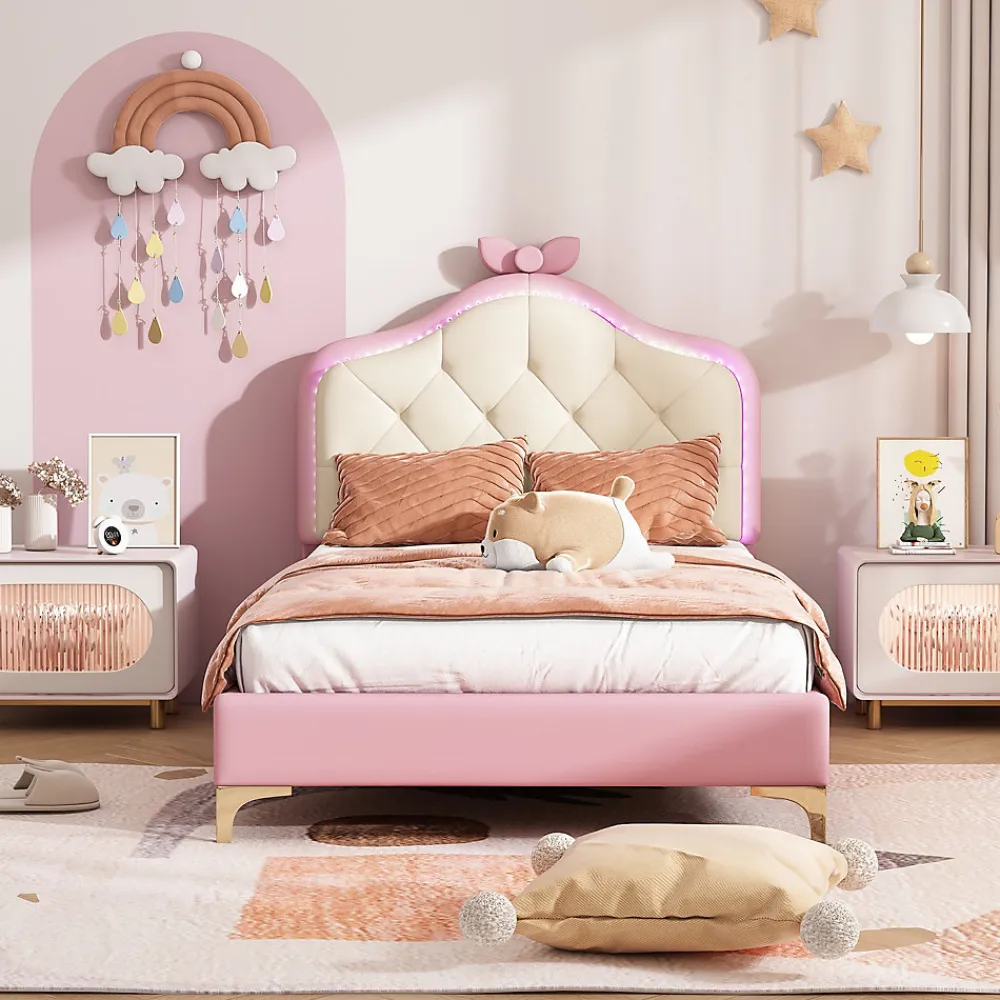 Lit enfant simple 90x200 cm rembourré avec bande LED colorée, tête ondulée et nœud décoratif, similicuir rose sans matelas>Okwish Hot