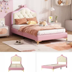 Lit enfant simple 90x200 cm rembourré avec bande LED colorée, tête ondulée et nœud décoratif, similicuir rose sans matelas><noscript><img width=