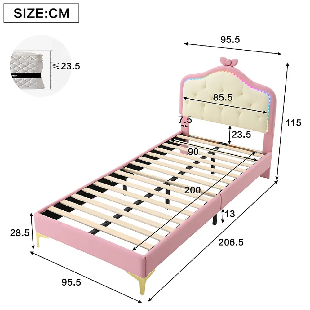 Lit enfant simple 90x200 cm rembourré avec bande LED colorée, tête ondulée et nœud décoratif, similicuir rose sans matelas>Okwish Hot