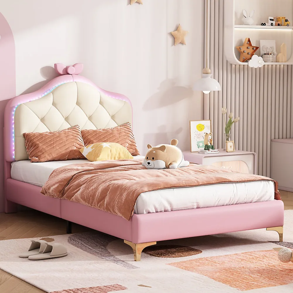 Lit enfant simple 90x200 cm rembourré avec bande LED colorée, tête ondulée et nœud décoratif, similicuir rose sans matelas>Okwish Hot