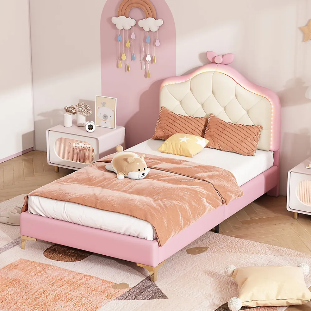 Lit enfant simple 90x200 cm rembourré avec bande LED colorée, tête ondulée et nœud décoratif, similicuir rose sans matelas>Okwish Hot