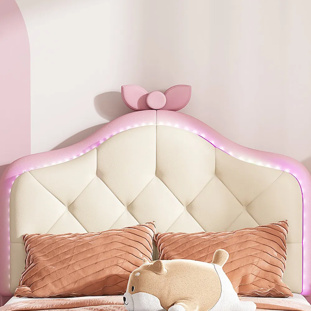 Lit enfant simple 90x200 cm rembourré avec bande LED colorée, tête ondulée et nœud décoratif, similicuir rose sans matelas>Okwish Hot