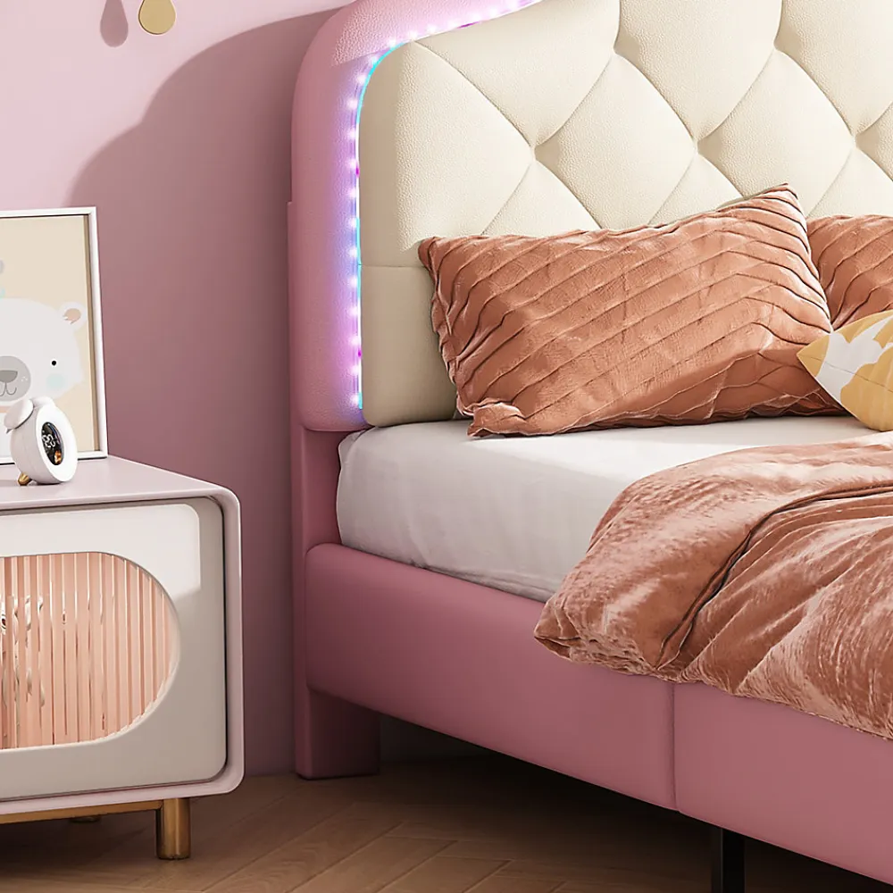 Lit enfant simple 90x200 cm rembourré avec bande LED colorée, tête ondulée et nœud décoratif, similicuir rose sans matelas>Okwish Hot