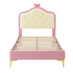 Lit enfant simple 90x200 cm rembourré avec bande LED colorée, tête ondulée et nœud décoratif, similicuir rose sans matelas><noscript><img width=