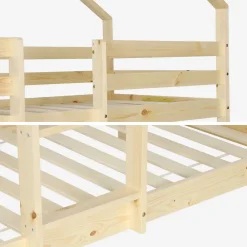 Sweeek Lit enfant superposé cabane 90 x 190 cm pin naturel sommier à lattes inclus - Roya* Lit Simple