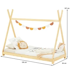Lit enfant tipi ELIN, 90 x 190 cm en pin massif vernis naturel><noscript><img width=