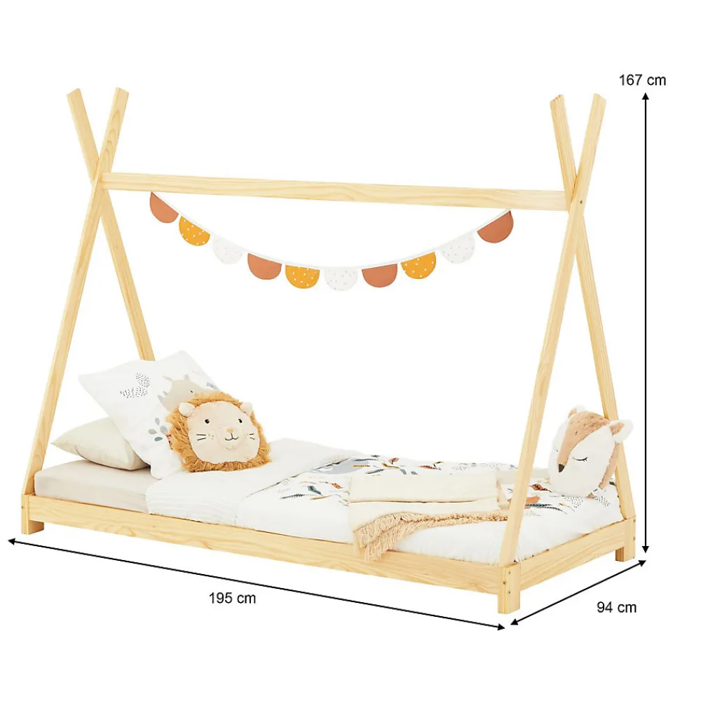 Lit enfant tipi ELIN, 90 x 190 cm en pin massif vernis naturel>Idimex Outlet
