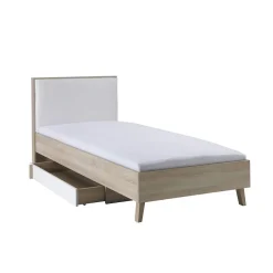 Meublorama Lit enfant 90x200 avec tiroir de rangement MALMO Coloris chene clair et blanc* Lit Avec Rangement