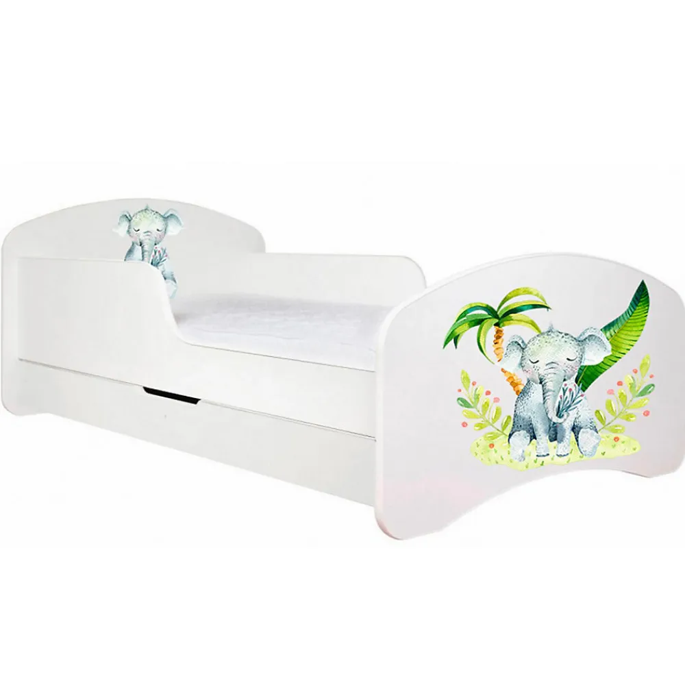 Lit enfant 190X90 Blanc Motif éléphant + matelas mousse sarrasin avec tiroir>Monmobilierdesign Discount