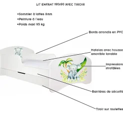 Lit enfant 190X90 Blanc Motif éléphant + matelas mousse sarrasin avec tiroir>Monmobilierdesign Discount