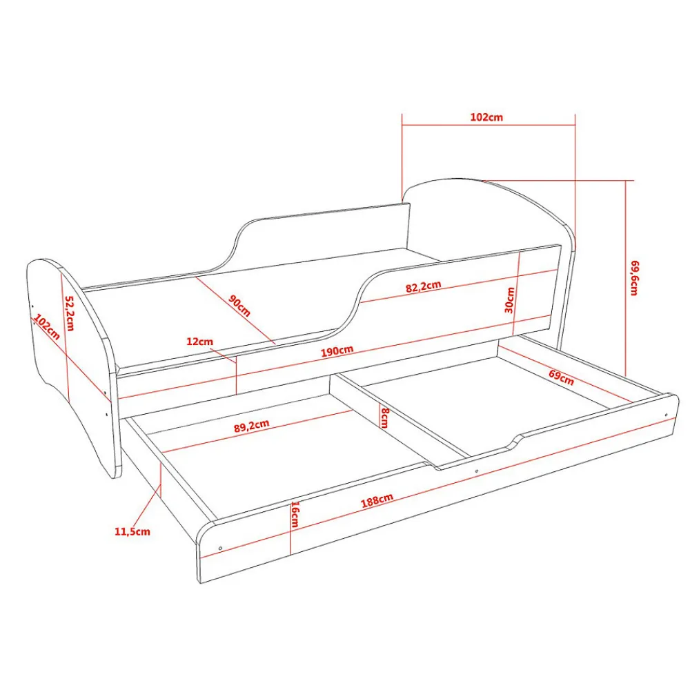 Lit enfant 190X90 Blanc Motif éléphant + matelas mousse sarrasin avec tiroir>Monmobilierdesign Discount