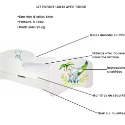 Monmobilierdesign Lit enfant 140X70 Blanc Motif éléphant + matelas mousse sarrasin coco avec tiroir* Lit Coffre