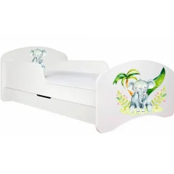 Monmobilierdesign Lit enfant 180X90 Blanc Motif éléphant + matelas mousse avec tiroir* Lit Coffre