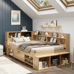 ModernLuxe Lit enfant 90x200 cm - avec 1 tiroir - avec bibliothèque et rangement - sommier à lattes - naturel (sans matelas)*Enfant Lit Enfant