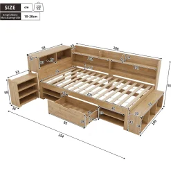 ModernLuxe Lit enfant 90x200 cm - avec 1 tiroir - avec bibliothèque et rangement - sommier à lattes - naturel (sans matelas)*Enfant Lit Enfant