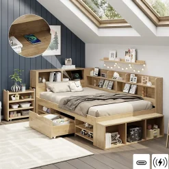 ModernLuxe Lit enfant 90x200 cm - avec 1 tiroir - avec bibliothèque et rangement - sommier à lattes - naturel (sans matelas)*Enfant Lit Enfant
