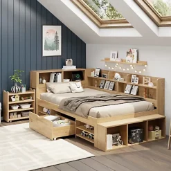 ModernLuxe Lit enfant 90x200 cm - avec 1 tiroir - avec bibliothèque et rangement - sommier à lattes - naturel (sans matelas)*Enfant Lit Enfant