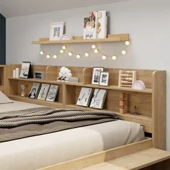 ModernLuxe Lit enfant 90x200 cm - avec 1 tiroir - avec bibliothèque et rangement - sommier à lattes - naturel (sans matelas)*Enfant Lit Enfant