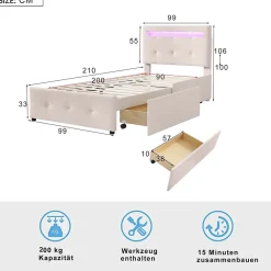 Okwish Lit enfant 90x200 cm - avec 2 Tiroirs et Éclairage LED, Lit Confortable en Lin Beige, Rangement Sous Le Lit, Sans Matelas*Enfant Lit Enfant