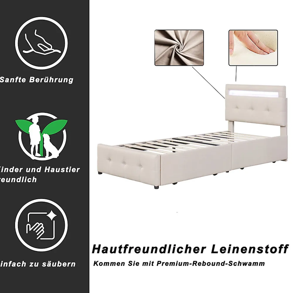 Okwish Lit enfant 90x200 cm - avec 2 Tiroirs et Éclairage LED, Lit Confortable en Lin Beige, Rangement Sous Le Lit, Sans Matelas*Enfant Lit Enfant
