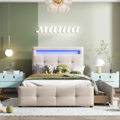 Okwish Lit enfant 90x200 cm - avec 2 Tiroirs et Éclairage LED, Lit Confortable en Lin Beige, Rangement Sous Le Lit, Sans Matelas*Enfant Lit Enfant