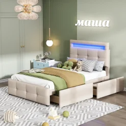 Okwish Lit enfant 90x200 cm - avec 2 Tiroirs et Éclairage LED, Lit Confortable en Lin Beige, Rangement Sous Le Lit, Sans Matelas*Enfant Lit Enfant