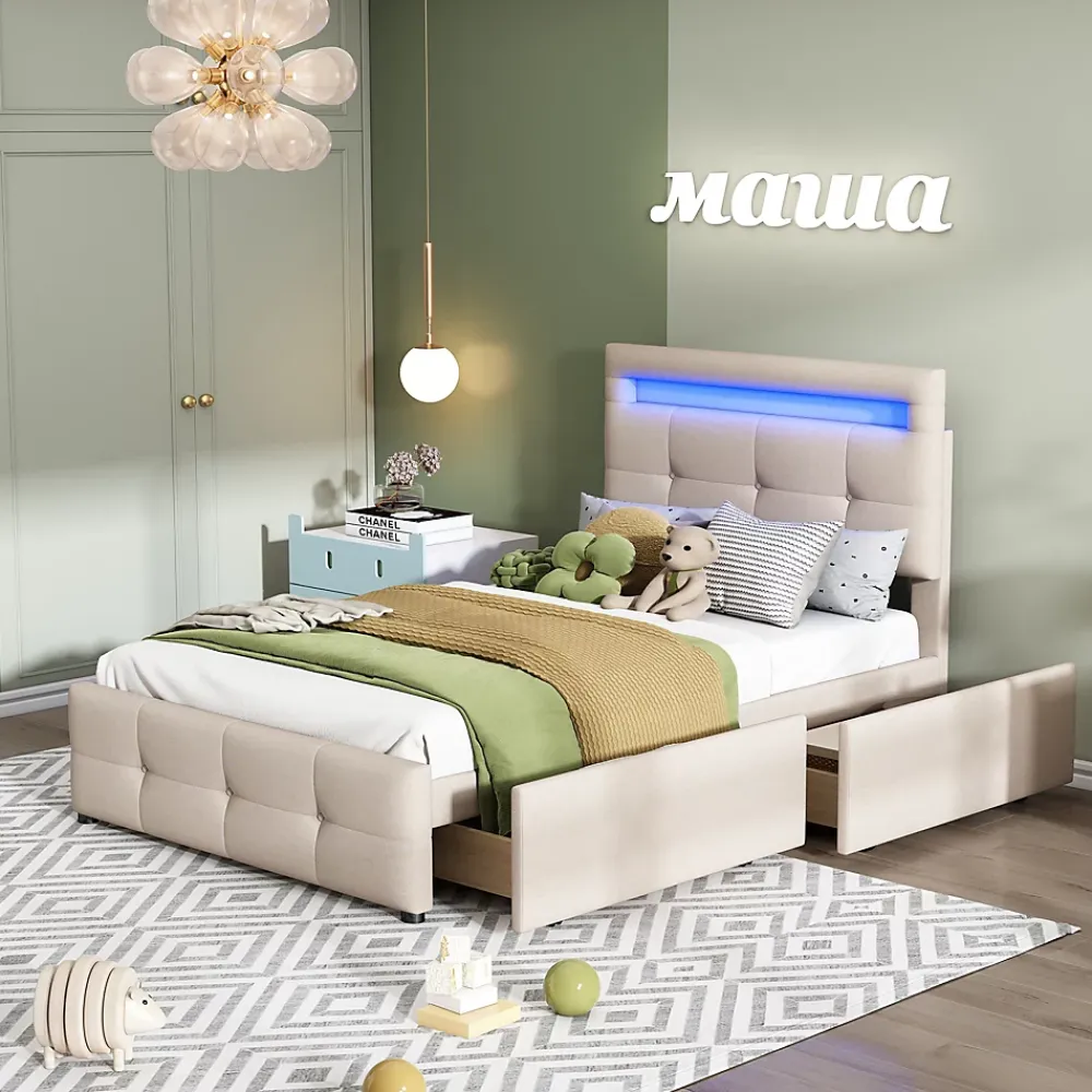 Okwish Lit enfant 90x200 cm - avec 2 Tiroirs et Éclairage LED, Lit Confortable en Lin Beige, Rangement Sous Le Lit, Sans Matelas*Enfant Lit Enfant