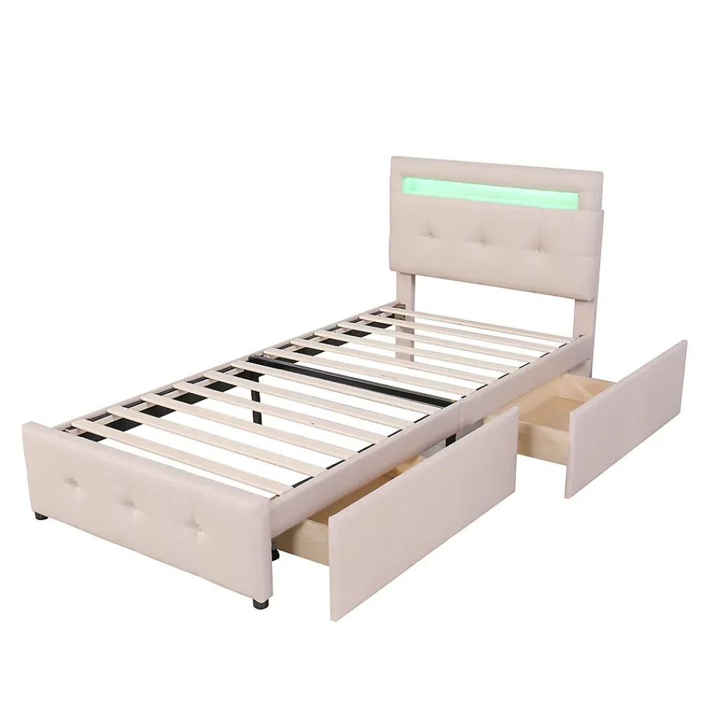Okwish Lit enfant 90x200 cm - avec 2 Tiroirs et Éclairage LED, Lit Confortable en Lin Beige, Rangement Sous Le Lit, Sans Matelas*Enfant Lit Enfant