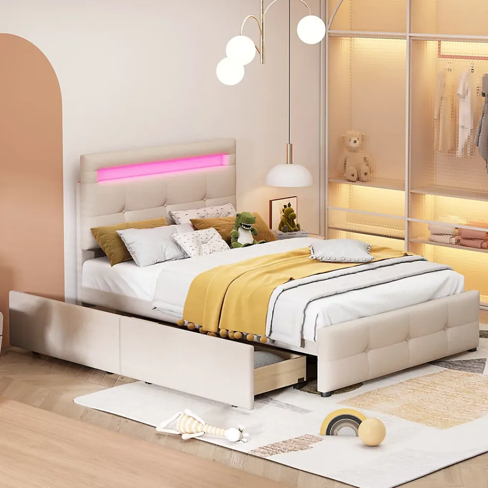 Okwish Lit enfant 90x200 cm - avec 2 Tiroirs et Éclairage LED, Lit Confortable en Lin Beige, Rangement Sous Le Lit, Sans Matelas*Enfant Lit Enfant
