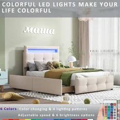 Okwish Lit enfant 90x200 cm - avec 2 Tiroirs et Éclairage LED, Lit Confortable en Lin Beige, Rangement Sous Le Lit, Sans Matelas*Enfant Lit Enfant