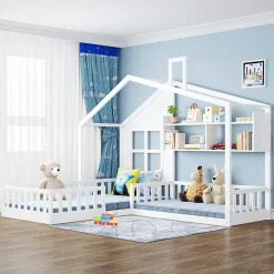 Lit enfant 90x200 cm - Cabane avec Fenêtre et Coffre de Rangement, MDF/Bois, Blanc - Sans Matelas>Okwish Outlet