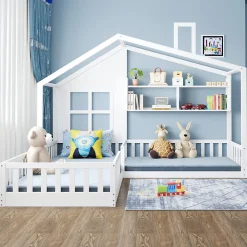 Lit enfant 90x200 cm - Cabane avec Fenêtre et Coffre de Rangement, MDF/Bois, Blanc - Sans Matelas>Okwish Outlet