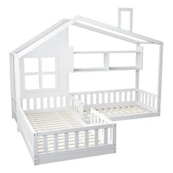 Lit enfant 90x200 cm - Cabane avec Fenêtre et Coffre de Rangement, MDF/Bois, Blanc - Sans Matelas><noscript><img width=