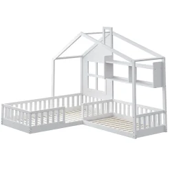 Lit enfant 90x200 cm - Cabane avec Fenêtre et Coffre de Rangement, MDF/Bois, Blanc - Sans Matelas><noscript><img width=