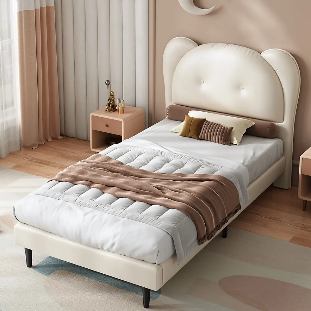 Lit enfant 90x200 cm - Lit avec Tête de Lit en Forme d'Animal - PU - Sans Matelas - Beige>Okwish New