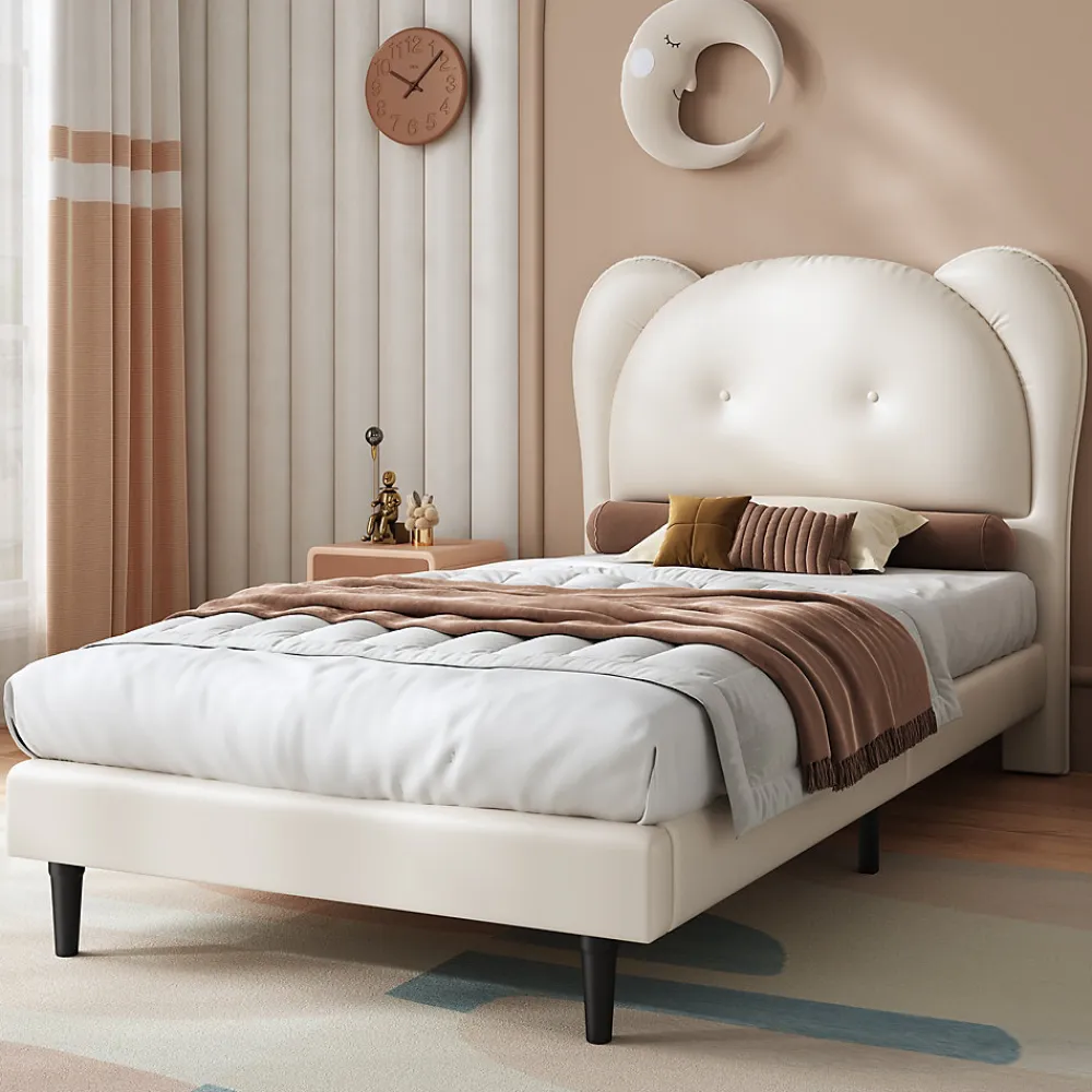 Lit enfant 90x200 cm - Lit avec Tête de Lit en Forme d'Animal - PU - Sans Matelas - Beige>Okwish New