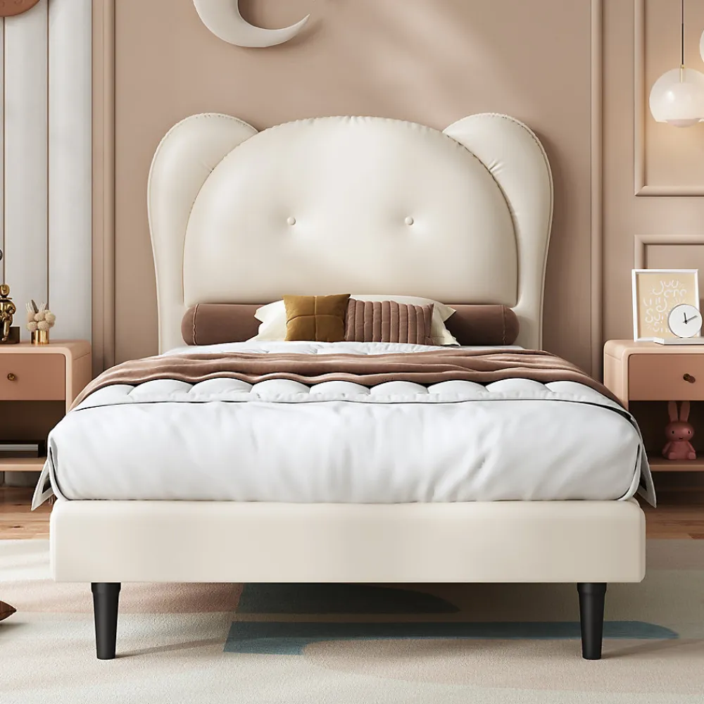 Lit enfant 90x200 cm - Lit avec Tête de Lit en Forme d'Animal - PU - Sans Matelas - Beige>Okwish New