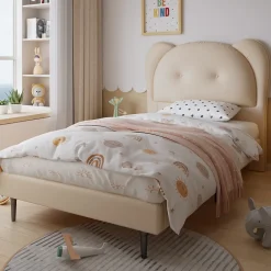 Lit enfant 90x200 cm - Lit avec Tête de Lit en Forme d'Animal - PU - Sans Matelas - Beige><noscript><img width=