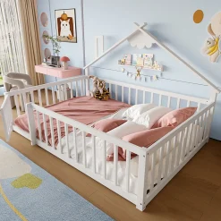 Lit enfant 140x190 cm - Lit avec barrières et design maison - Bois de pin et MDF - Sans matelas - Blanc>Okwish Outlet